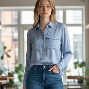 Chico's Button Down Blouse Women Size 3 Blue Long Sleeve Utility Pocket Shirt